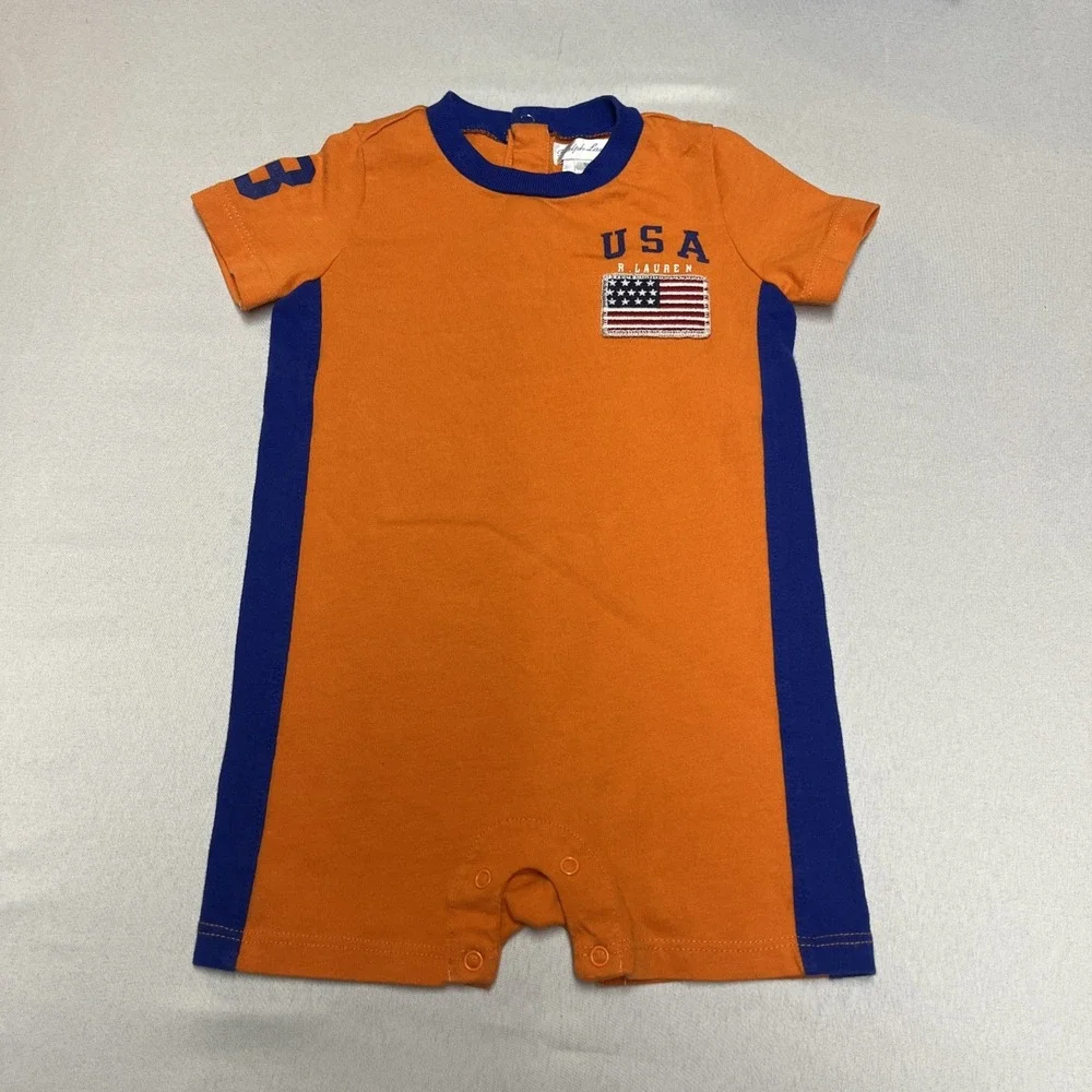 Ralph Lauren Baby Boys Orange/Blue USA Flag Romper Size 9 Months